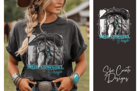 This Cowgirl Pray Design PNG- Turquoise: A Versatile Design Asset
